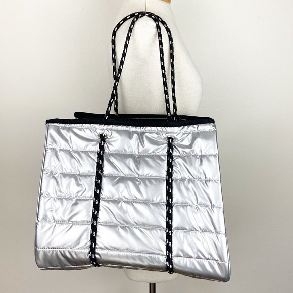 Puffer Metallic Silver Nylon Large Tote Puffy - Picture 1 of 10